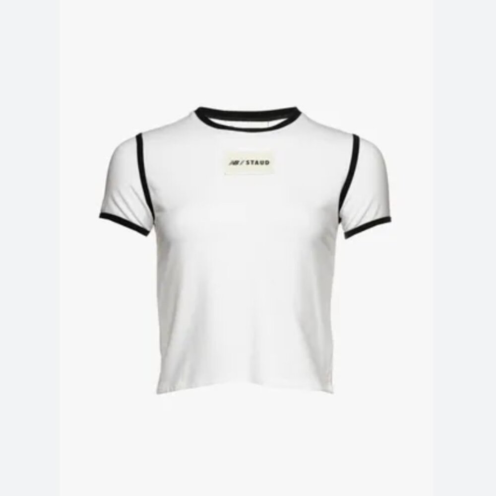 Staud x New Balance tshirt in ivory with navy blue piping